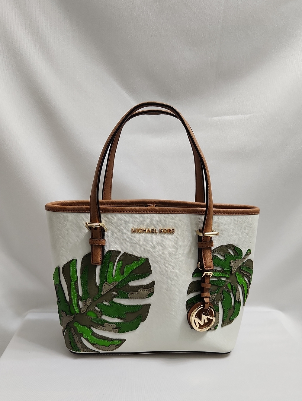 Michael Kors Jet Set Travel Leather Floral Camouflage Monstera Leaf Tote Bag